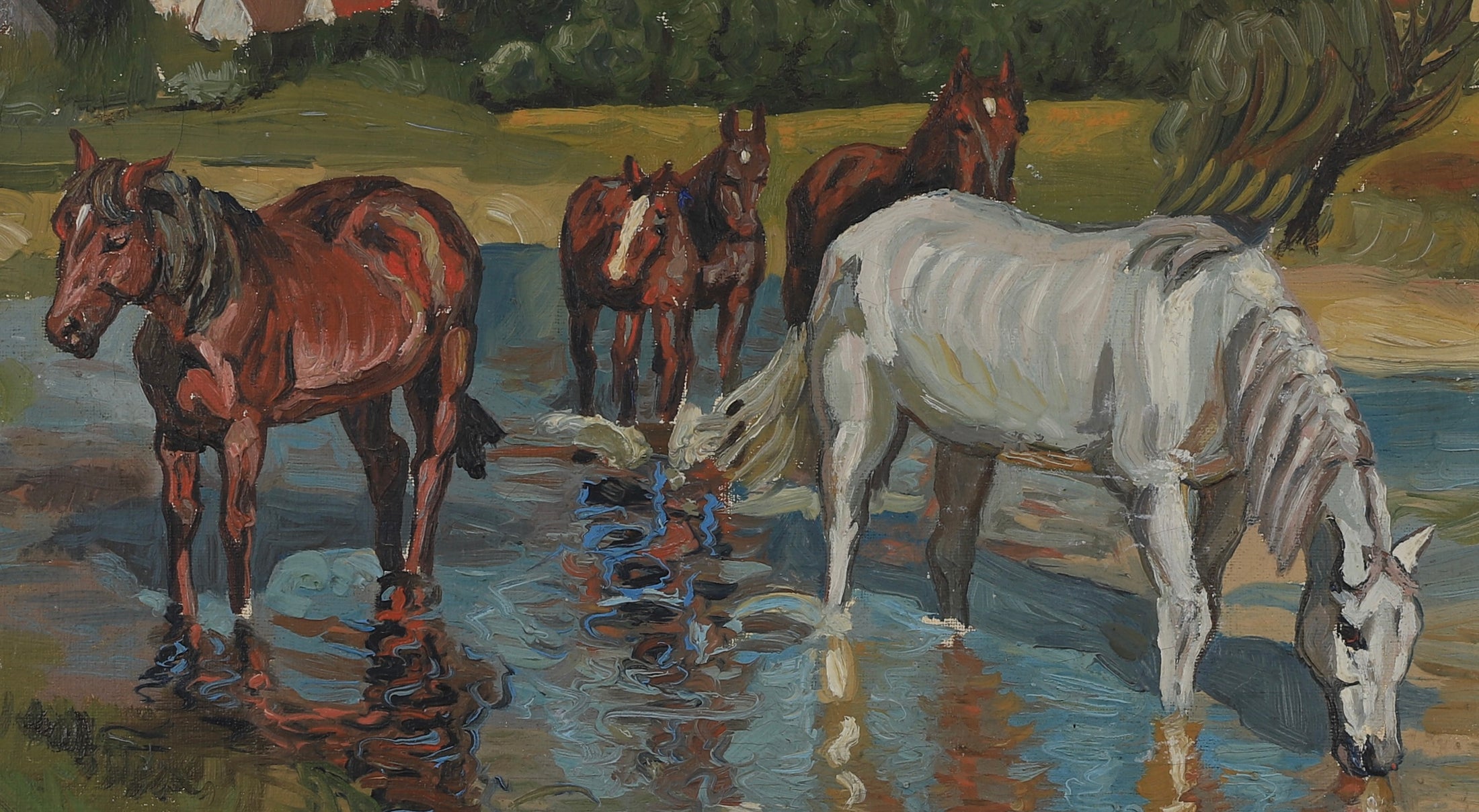 Vintage Art Original Oil Painting of Horses From Sweden