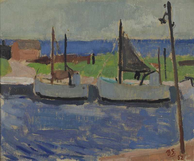 Mid Century Original Harbor Oil Painting From Sweden 1952