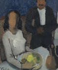 Load image into Gallery viewer, Mid Century Original Dining Scene Oil Painting from Sweden
