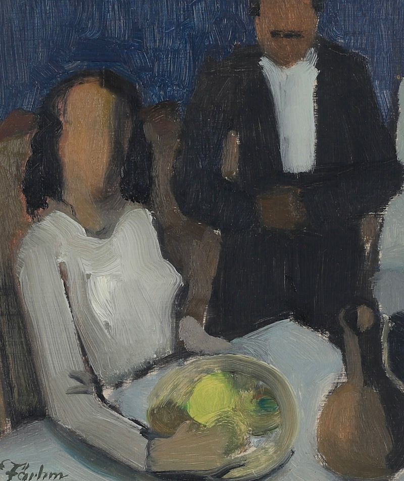 Mid Century Original Dining Scene Oil Painting from Sweden