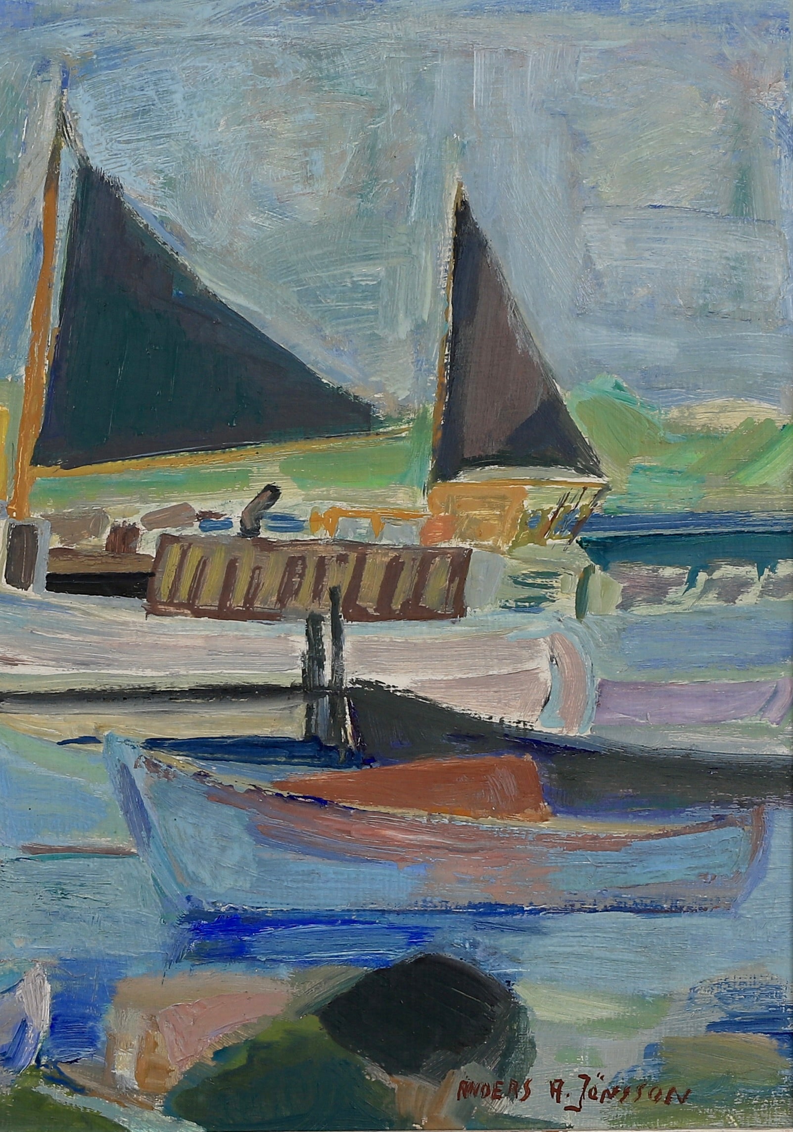 Original Vintage Harbor Scene Oil Painting By A Jönsson Sweden