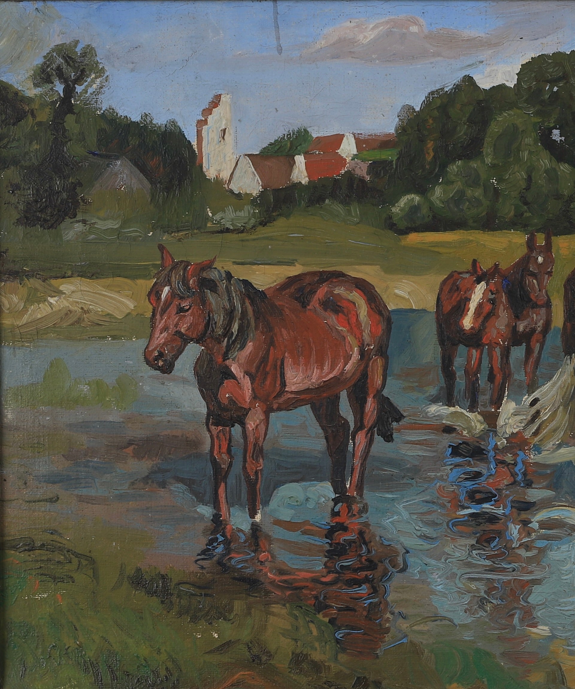 Vintage Art Original Oil Painting of Horses From Sweden