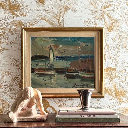 Original Vintage Art Oil Painting Of Harbor From Sweden 1949