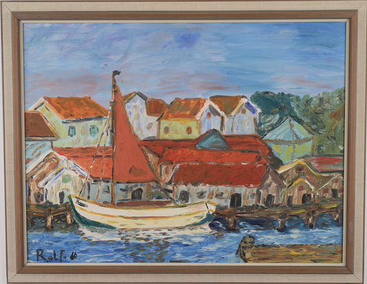 Mid Century Original Harbor Oil Painting From Sweden 1960