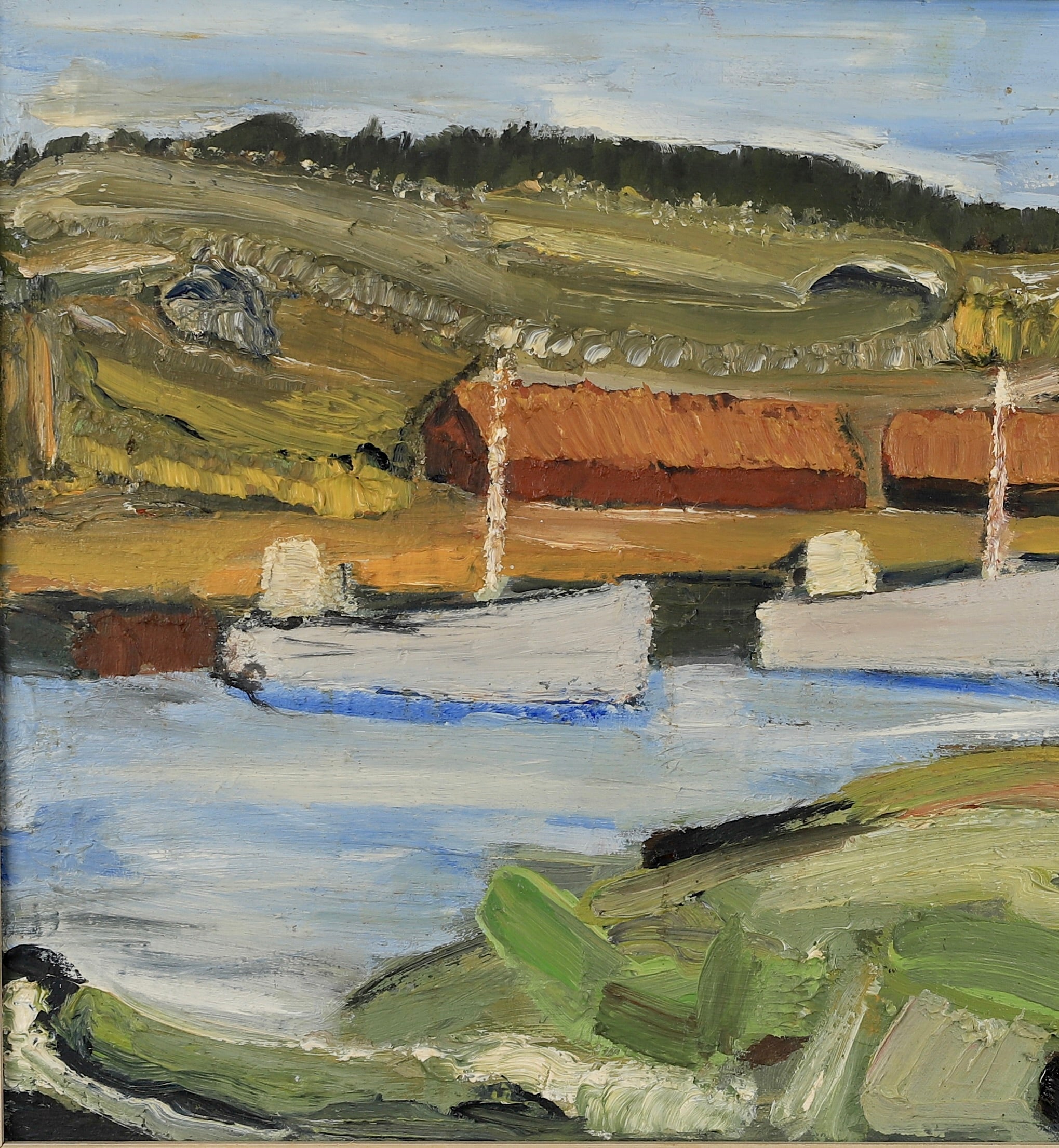 Original Vintage Art Oil Painting Of Harbor From Sweden