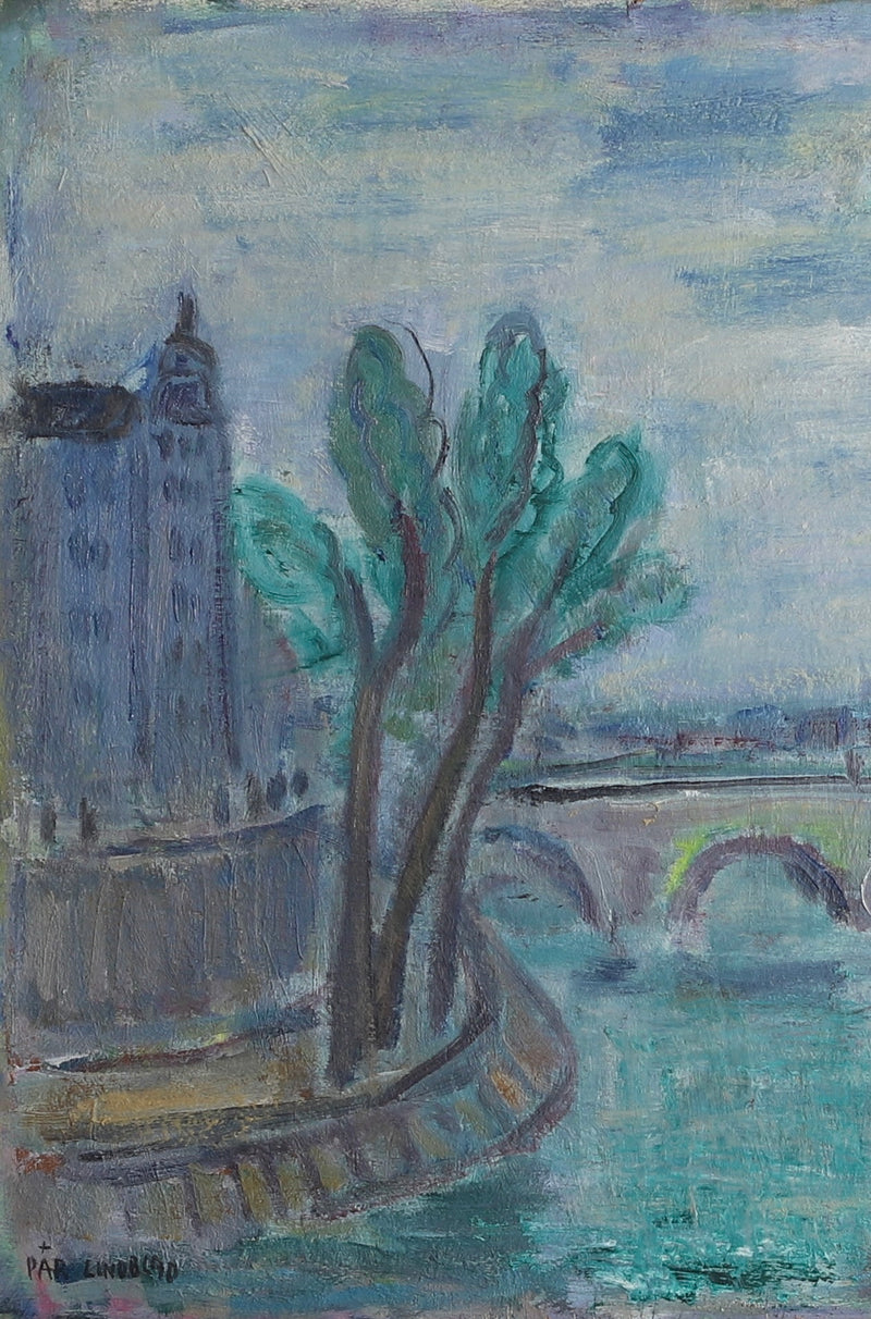 Vintage Art Room Mid Century Oil Painting of Paris From Sweden