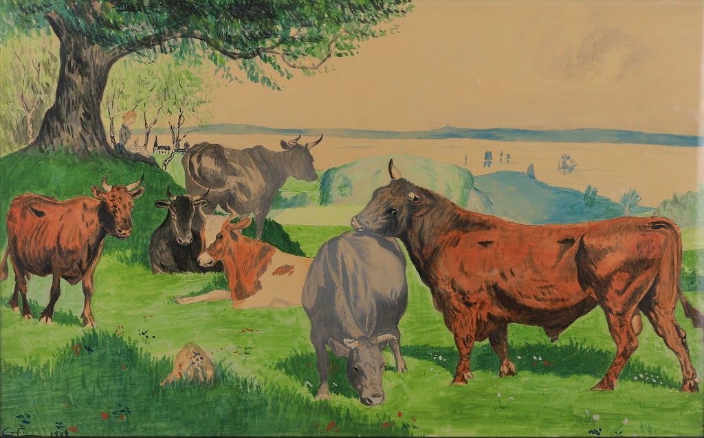 Vintage Art Room Original Painting of Cows From Sweden