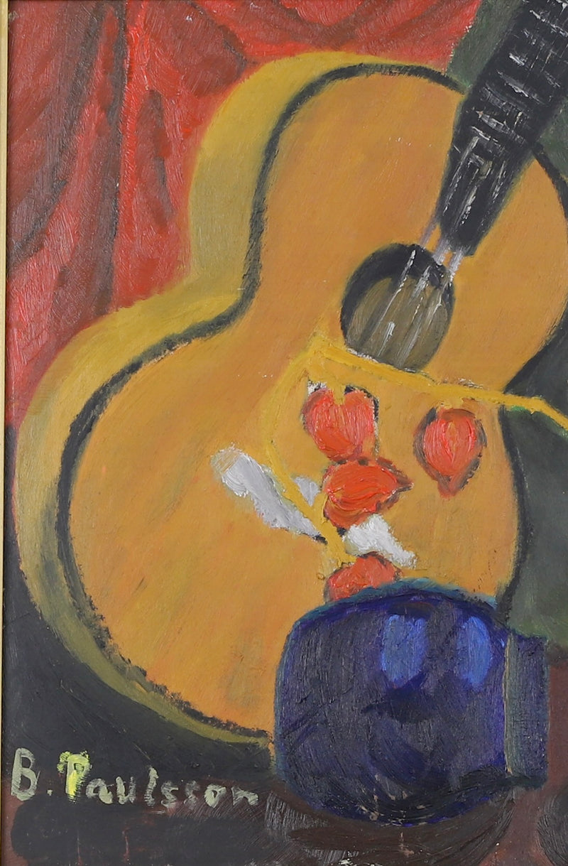 Striking Mid Century Still Life Oil Painting with Guitar from Sweden