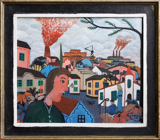 Vintage Art Original Village Scene Oil Painting from Sweden