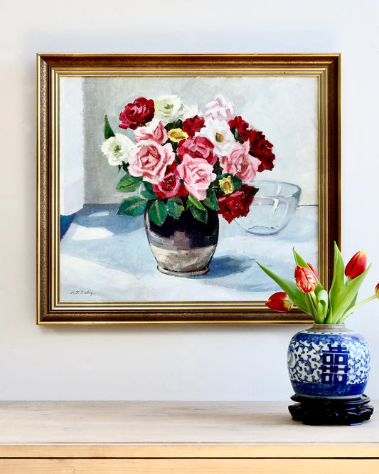 Original Mid Century Still Life Oil Painting Roses from Sweden