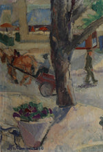 Vintage Village Square Mid Century Oil Painting from Sweden