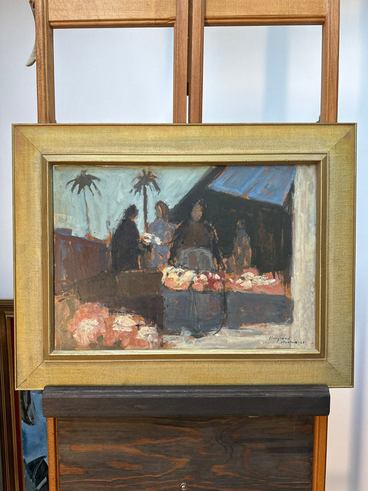 Mid Century Original Market Scene Oil Painting From Sweden