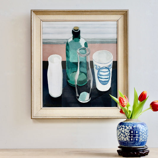 Original Still Life Mid Century Oil Painting Sweden by E Larsson 1959