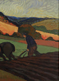 Load image into Gallery viewer, Vintage Art Original Oil Painting of Farmer and Horse From Sweden
