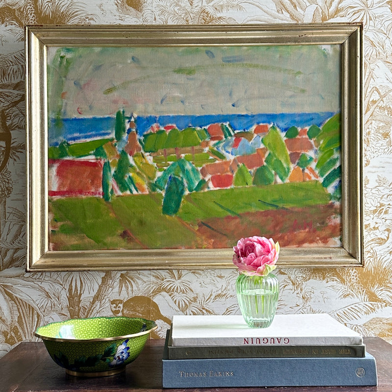 Colorful Swedish Mid Century Original Landscape Oil Painting 1958