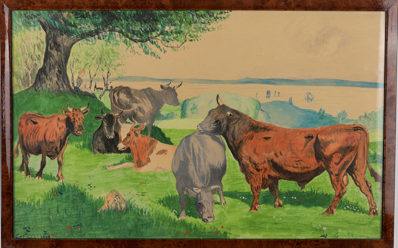 Vintage Art Room Original Painting of Cows From Sweden