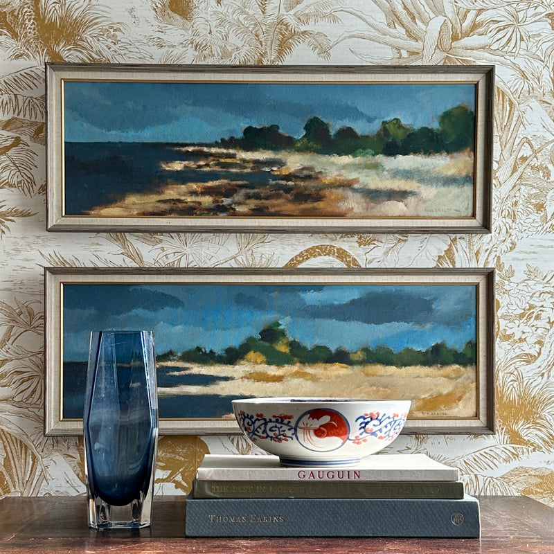 Vintage Art Room Original Pair of Coastal Oil Paintings from Sweden