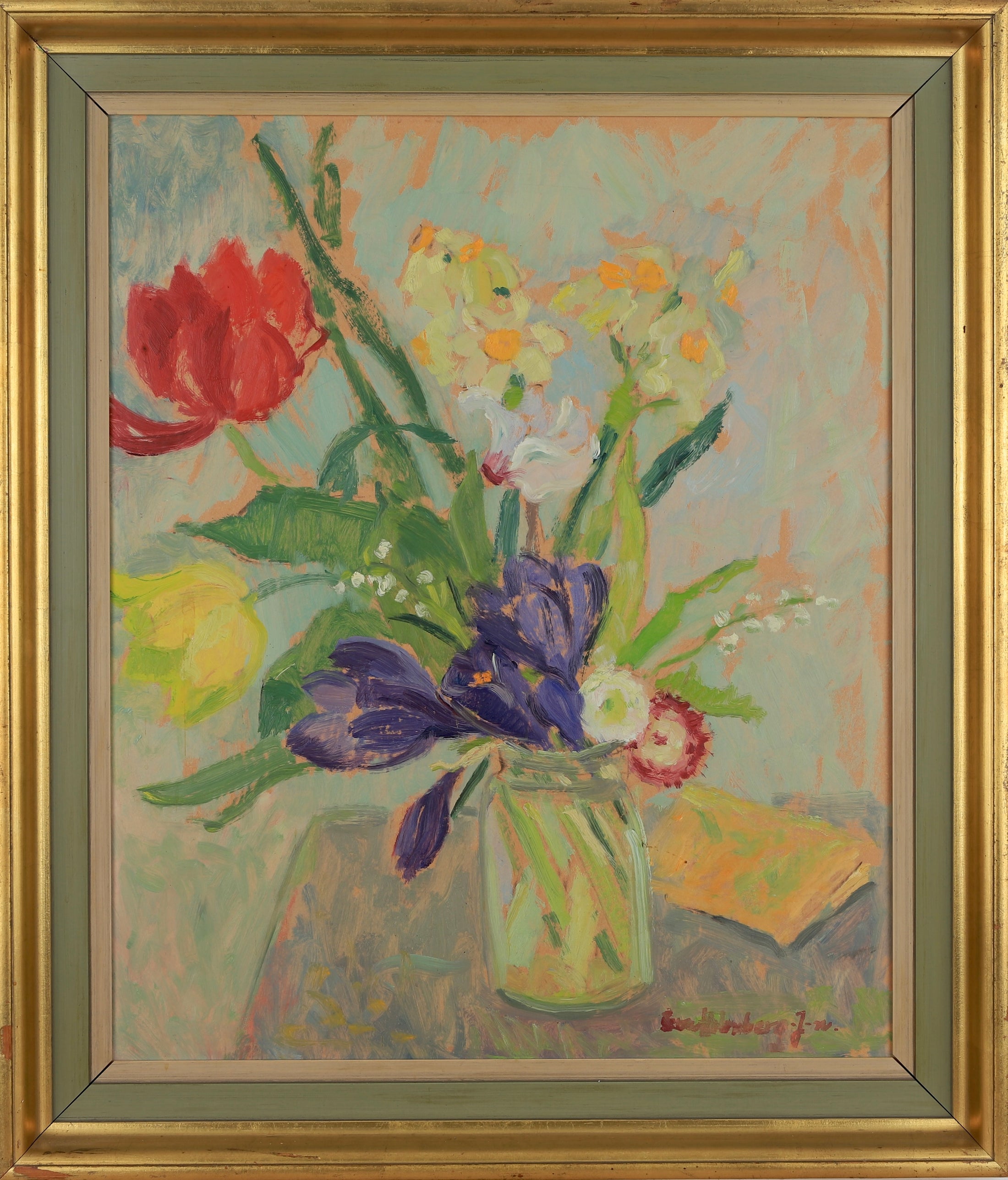 Original Still Life Floral Oil Painting Vintage Mid Century Sweden