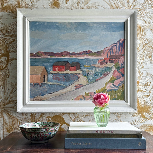 Vintage Art Mid Century Coastal Oil Painting by from Sweden