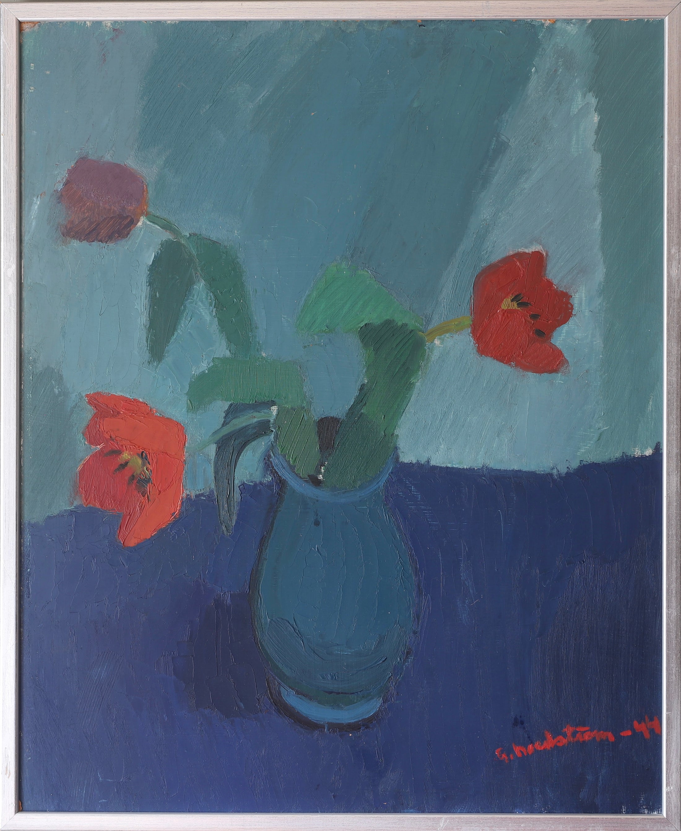 Mid Century Original Still Life Oil Painting of Tulips From Sweden