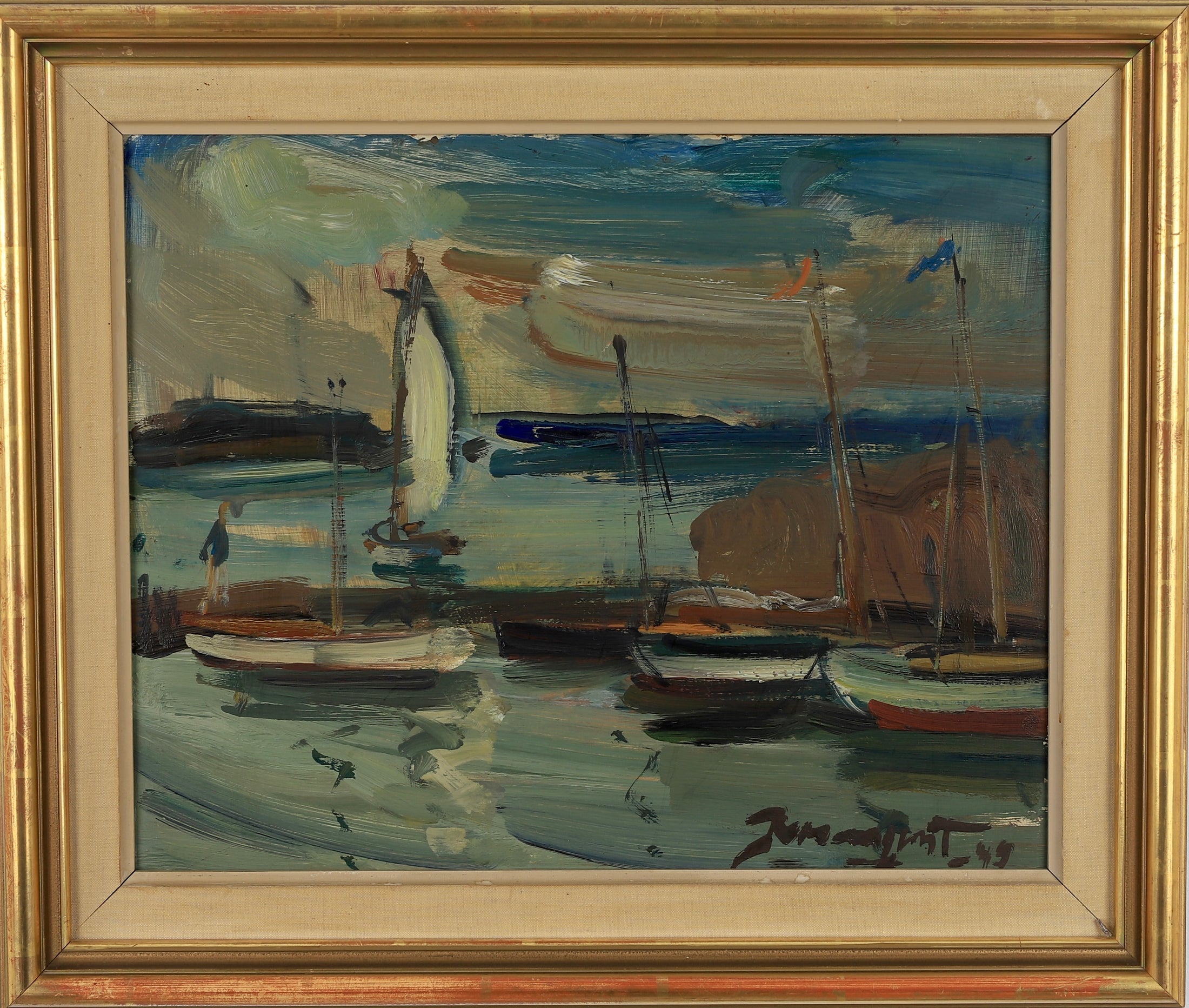 Original Vintage Art Oil Painting Of Harbor From Sweden 1949