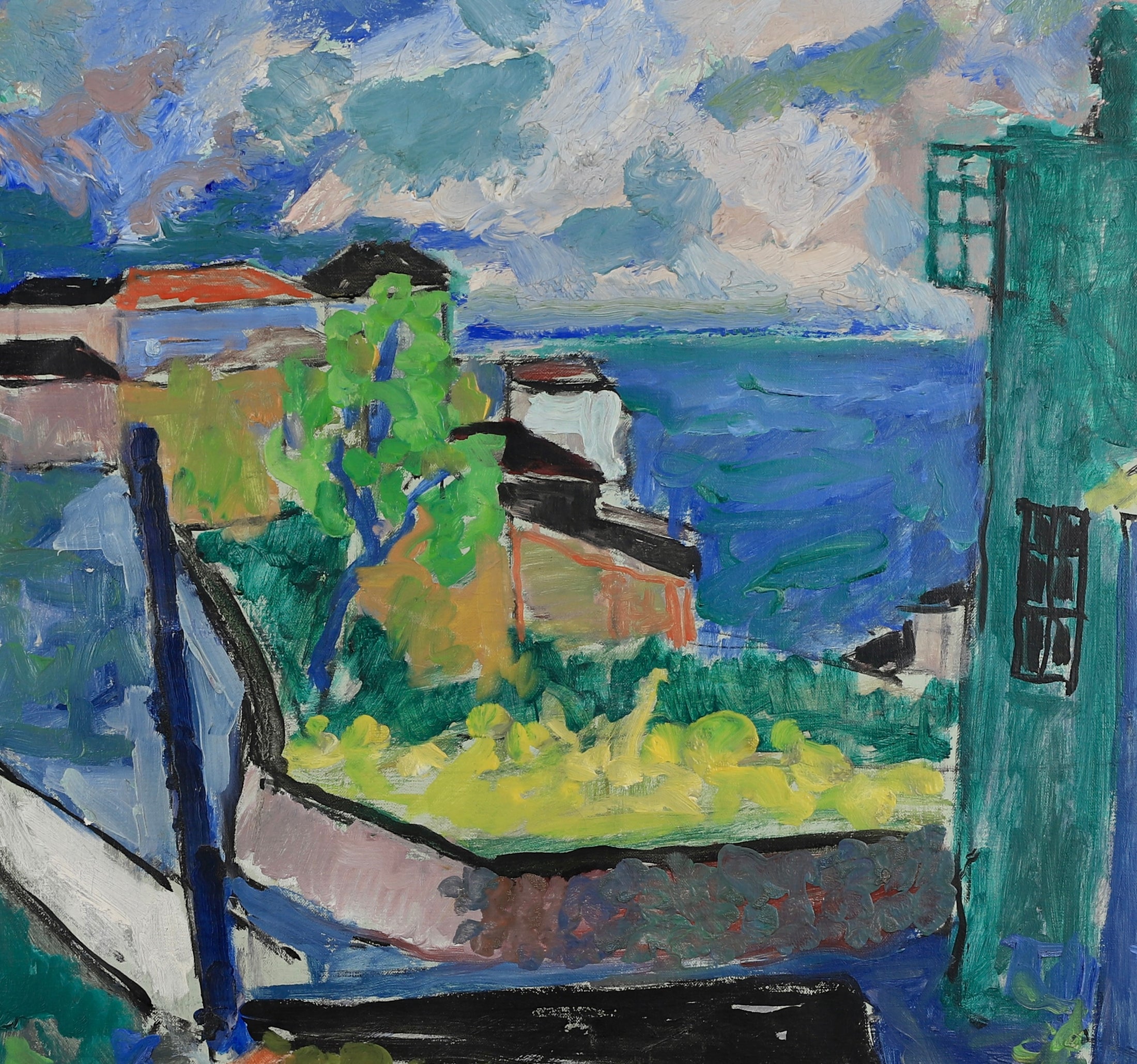 Mid Century Harbor Scene Original Vintage Oil Painting from Sweden