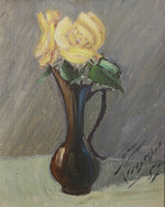 Original Mid Century Still Life Oil Painting Yellow Roses from Sweden