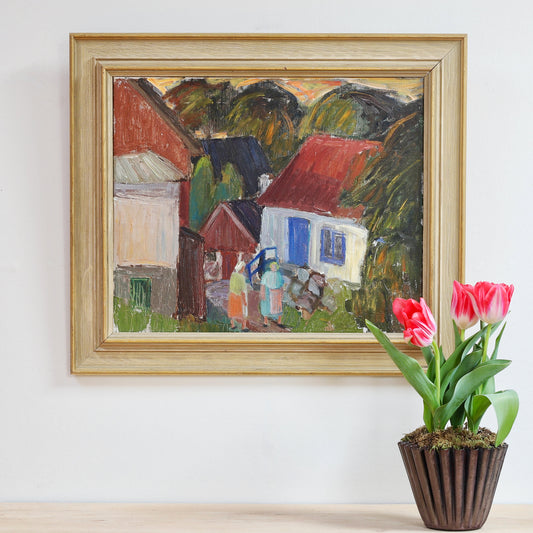 Vintage Mid Century Village Oil Painting from Sweden