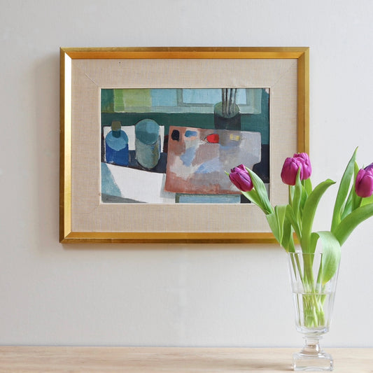 Mid Century Artist Studio Interior Oil Painting From Sweden