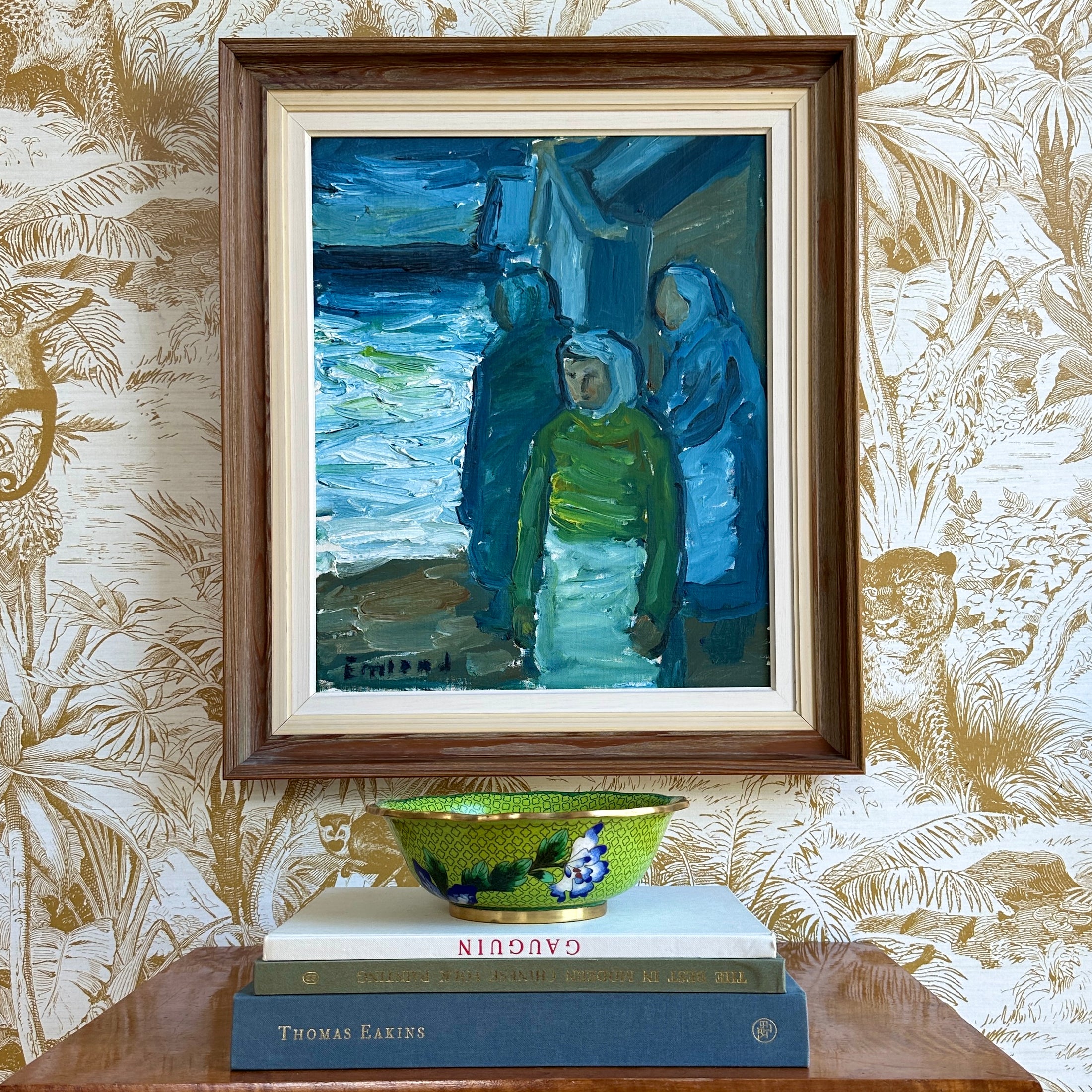Mid Century Harbor Scene Original Vintage Oil Painting from Sweden