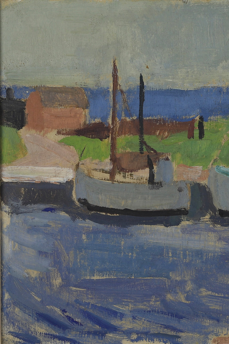 Mid Century Original Harbor Oil Painting From Sweden 1952