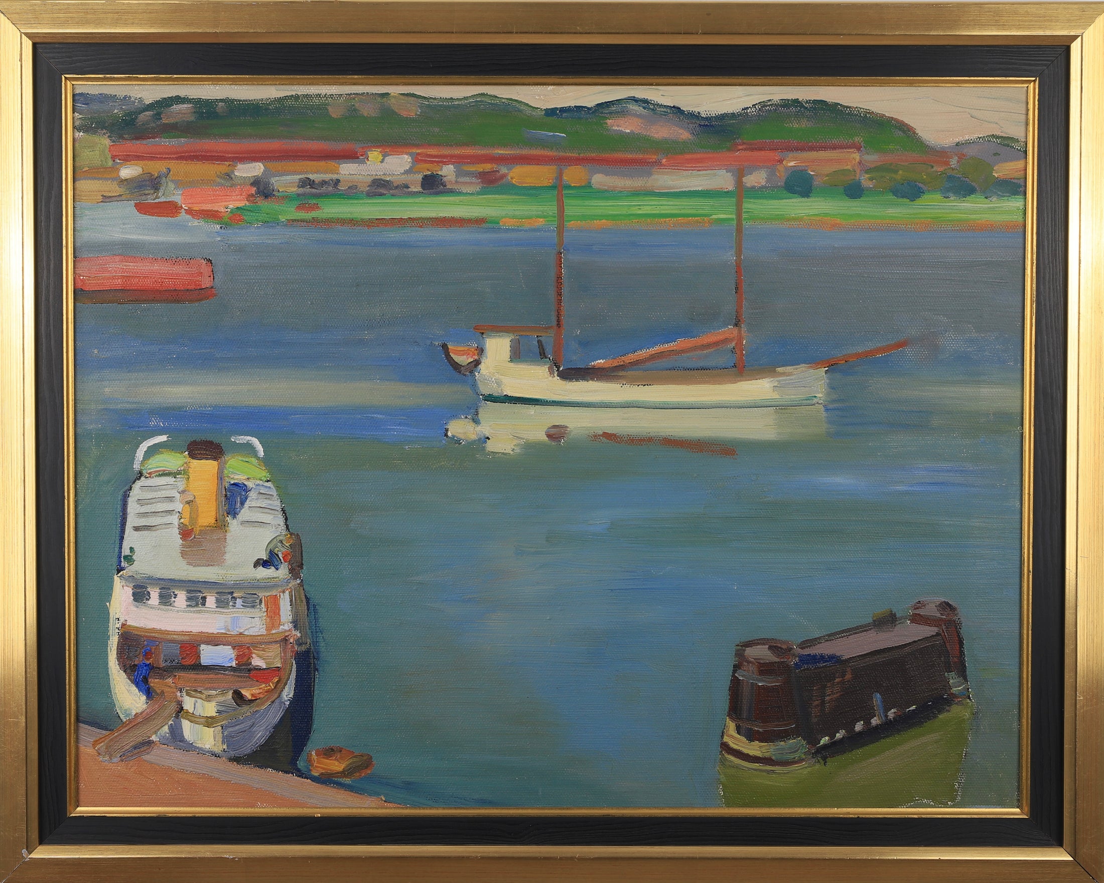 Original Vintage Art Harbor Oil Painting From Sweden