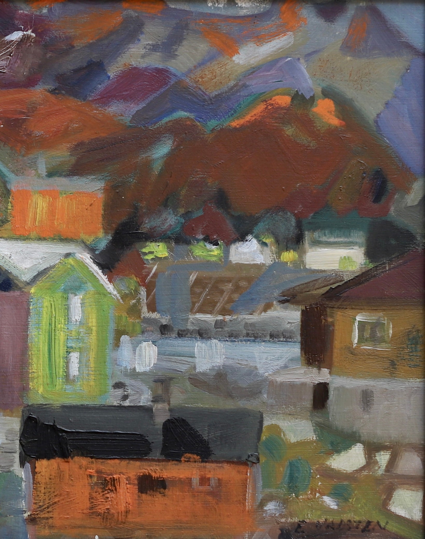 Colorful Mid Century Original Vintage Oil Painting from Sweden