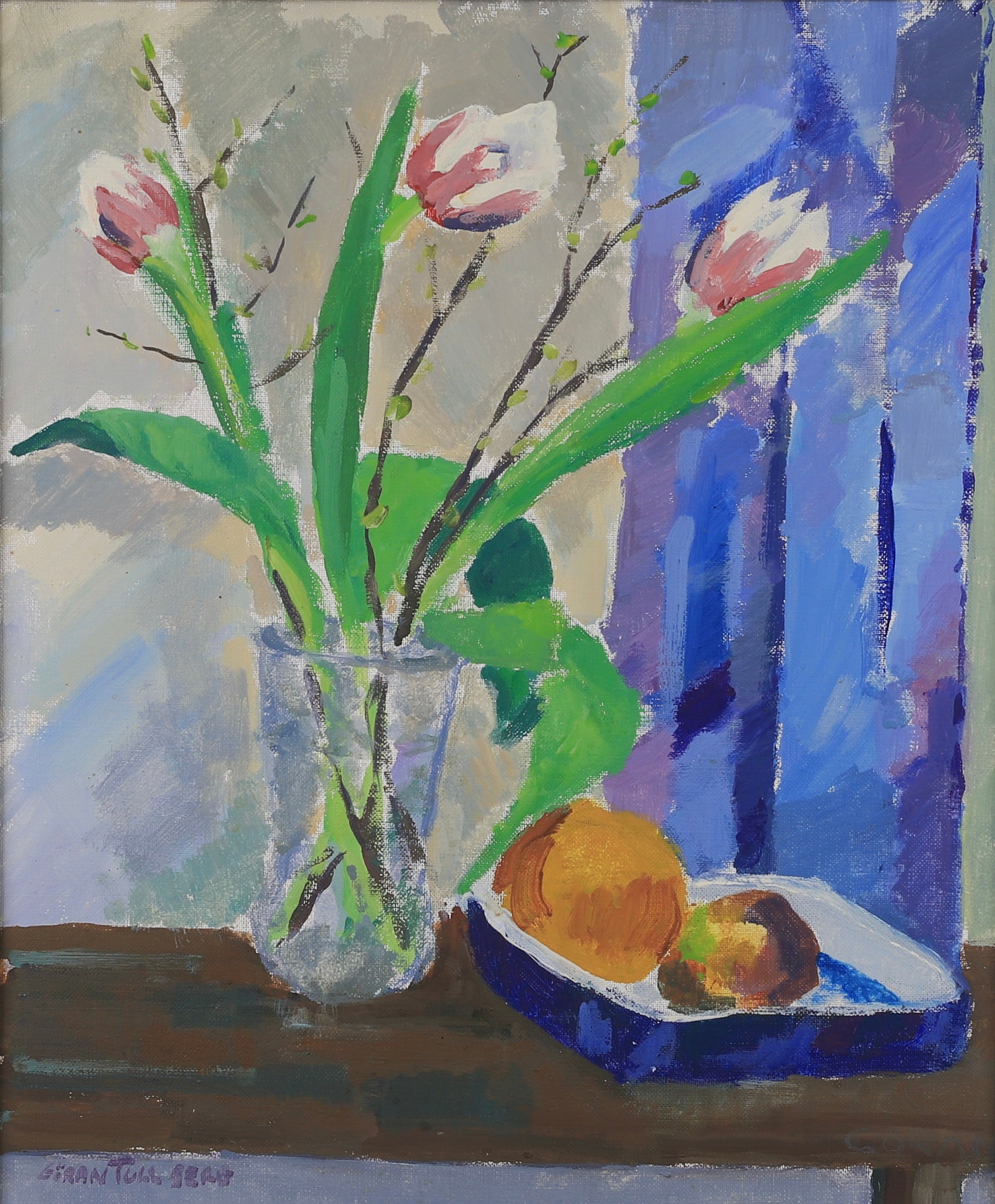 Swedish Vintage Mid Century Art Tulip Still Life Oil Painting