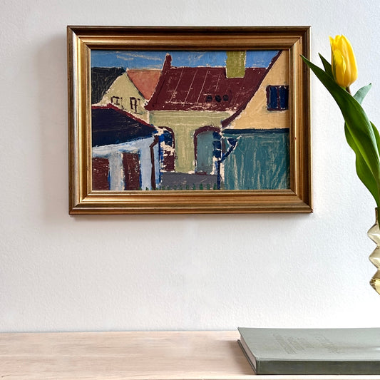 Mid Century Vintage Original Cityscape Oil Painting From Sweden