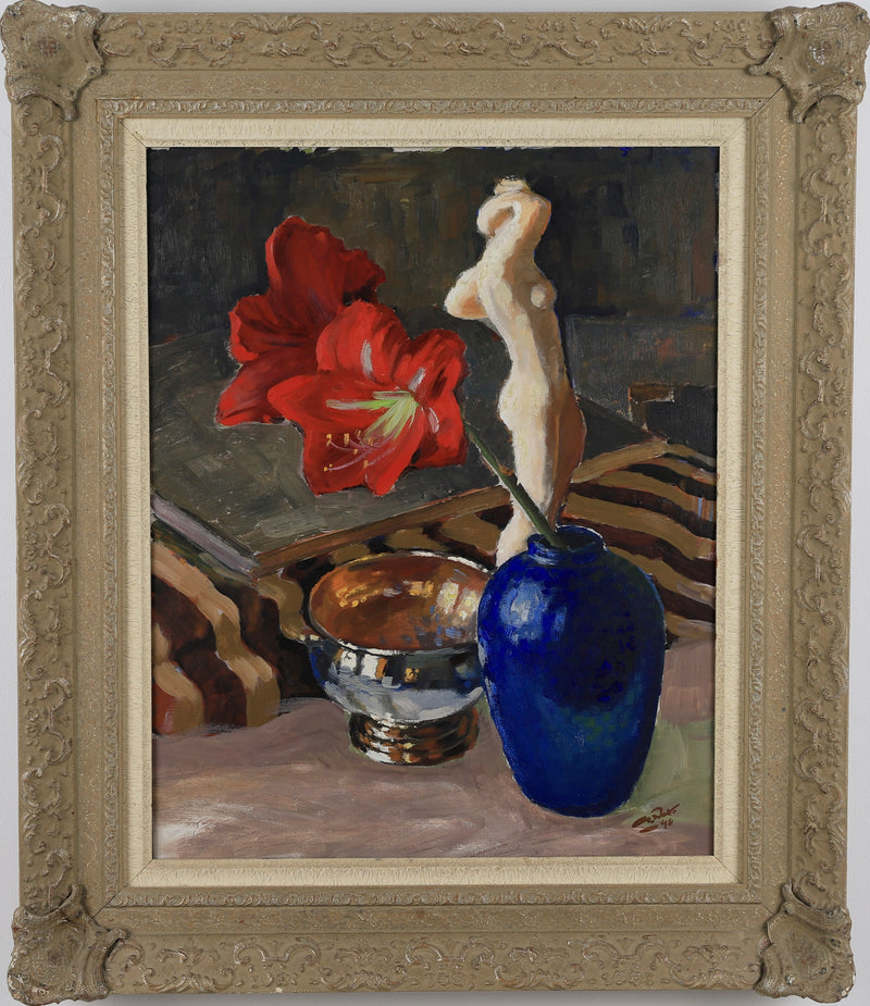 Vintage Art Room Mid Century Still Life Oil Painting From Sweden