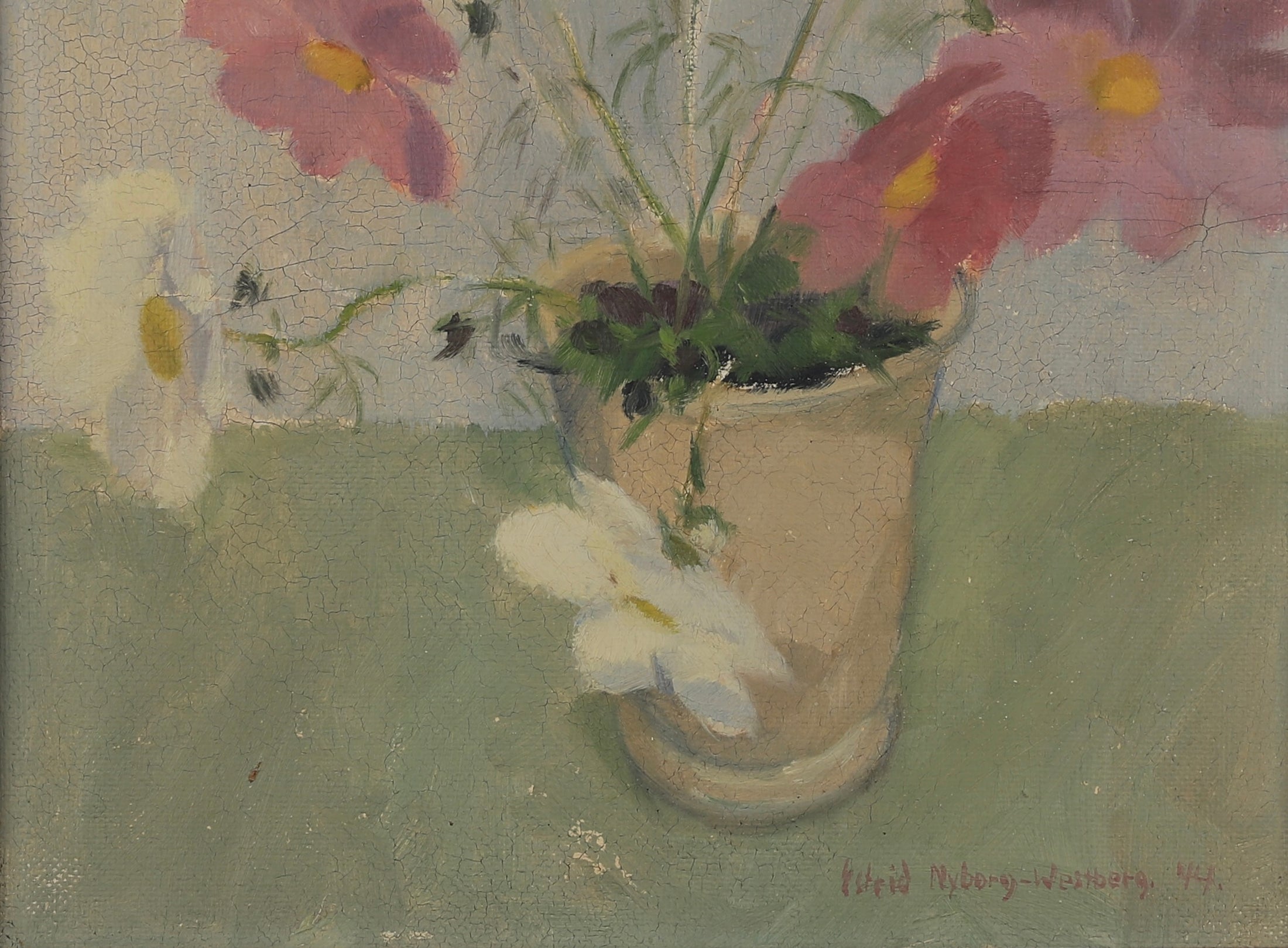 Vintage Art Room Original Still Life Oil Painting Sweden 1944