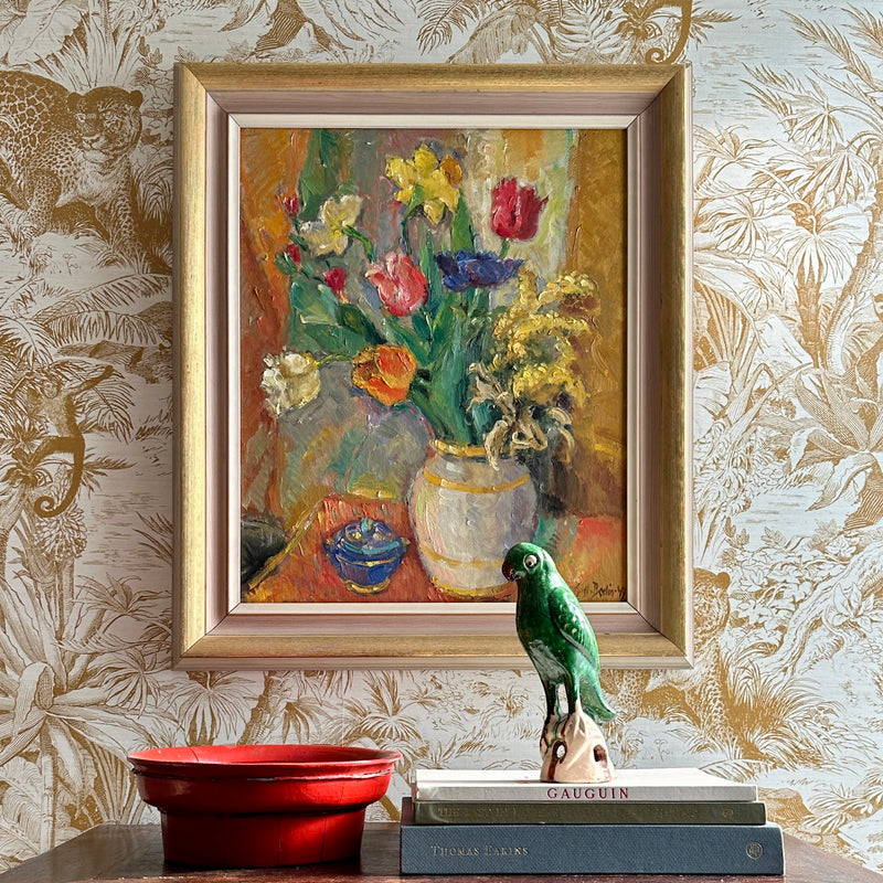 Vintage Oil Painting Floral Still Life From Sweden 1949