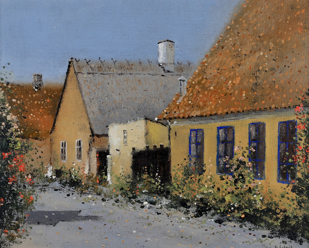 Swedish Vintage Village Scene Oil Painting From Sweden