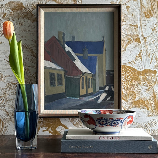 Charming Swedish Vintage Original Village Oil Painting