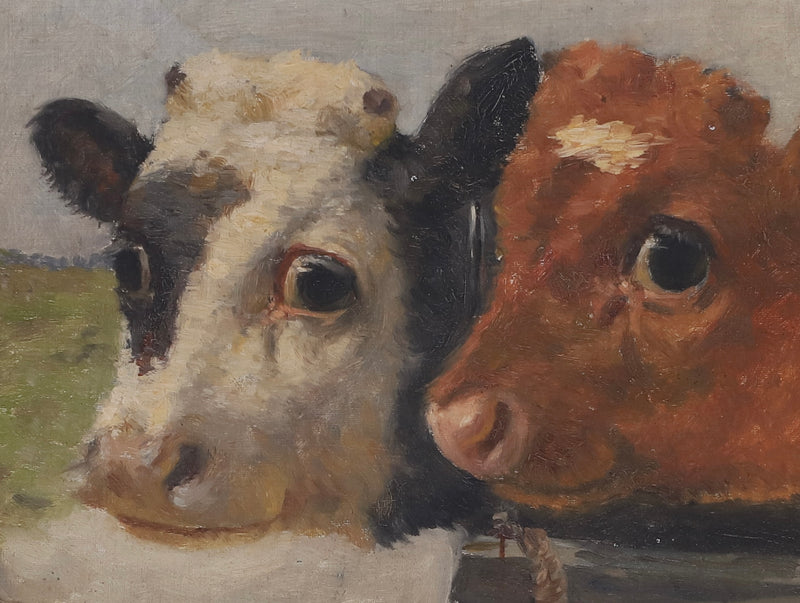 Vintage Art Room Original Oil Painting of Calves From Sweden