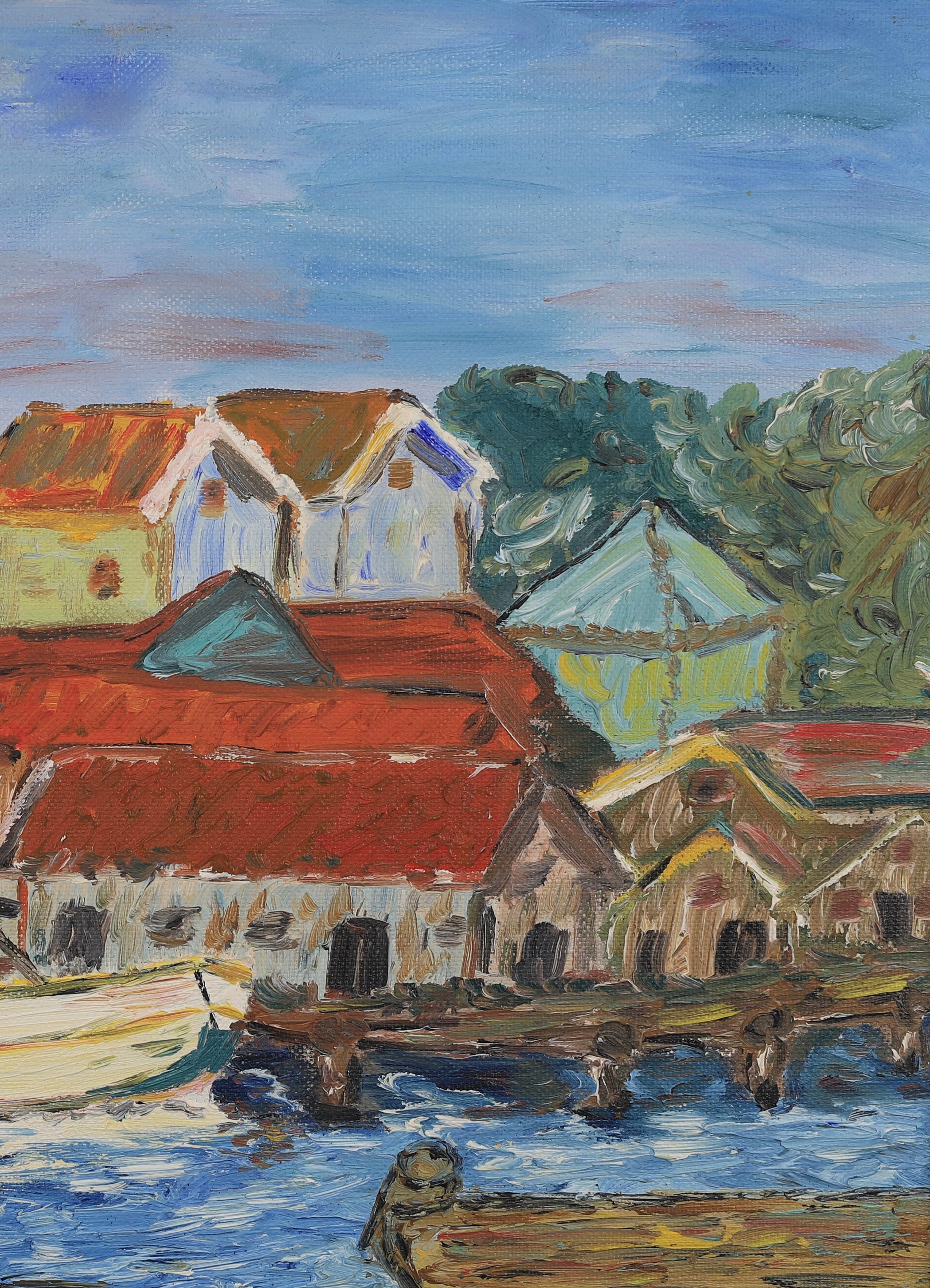 Mid Century Original Harbor Oil Painting From Sweden 1960