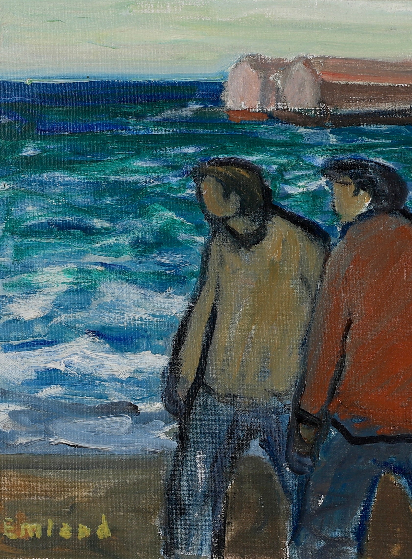 Mid Century Harbor Scene Original Vintage Oil Painting from Sweden