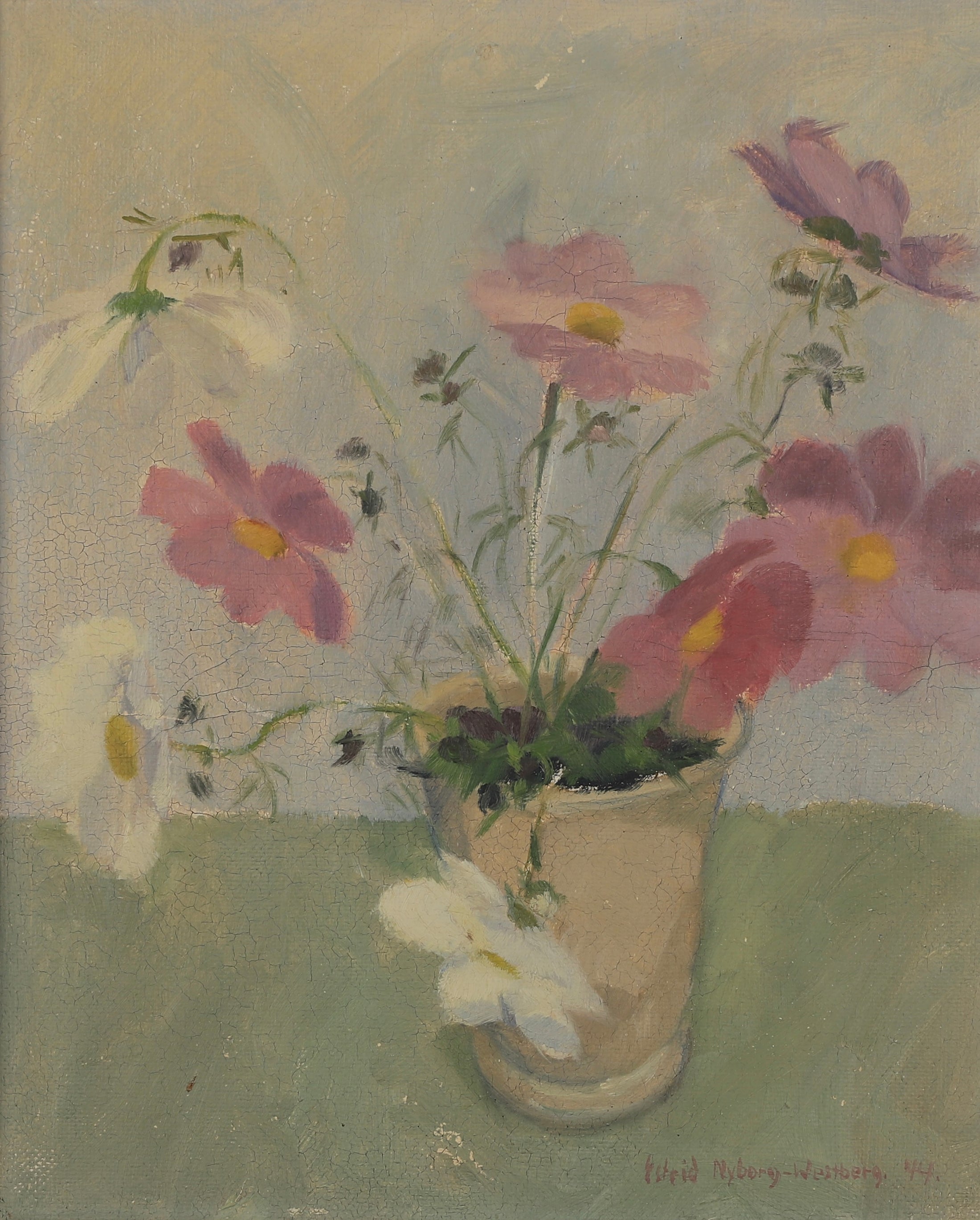 Vintage Art Room Original Still Life Oil Painting Sweden 1944