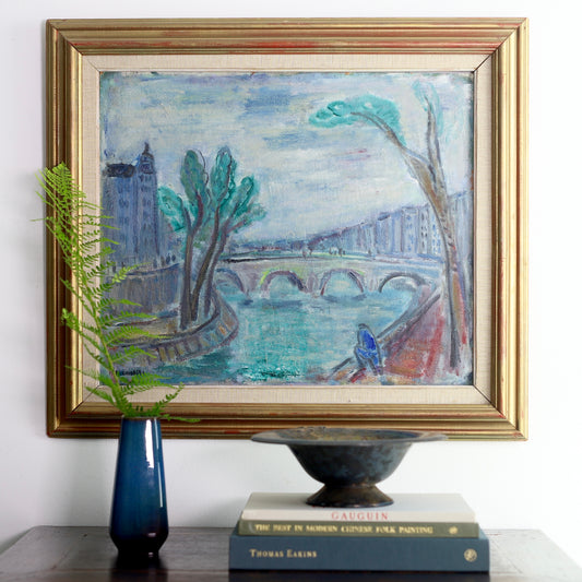 Vintage Art Room Mid Century Oil Painting of Paris From Sweden