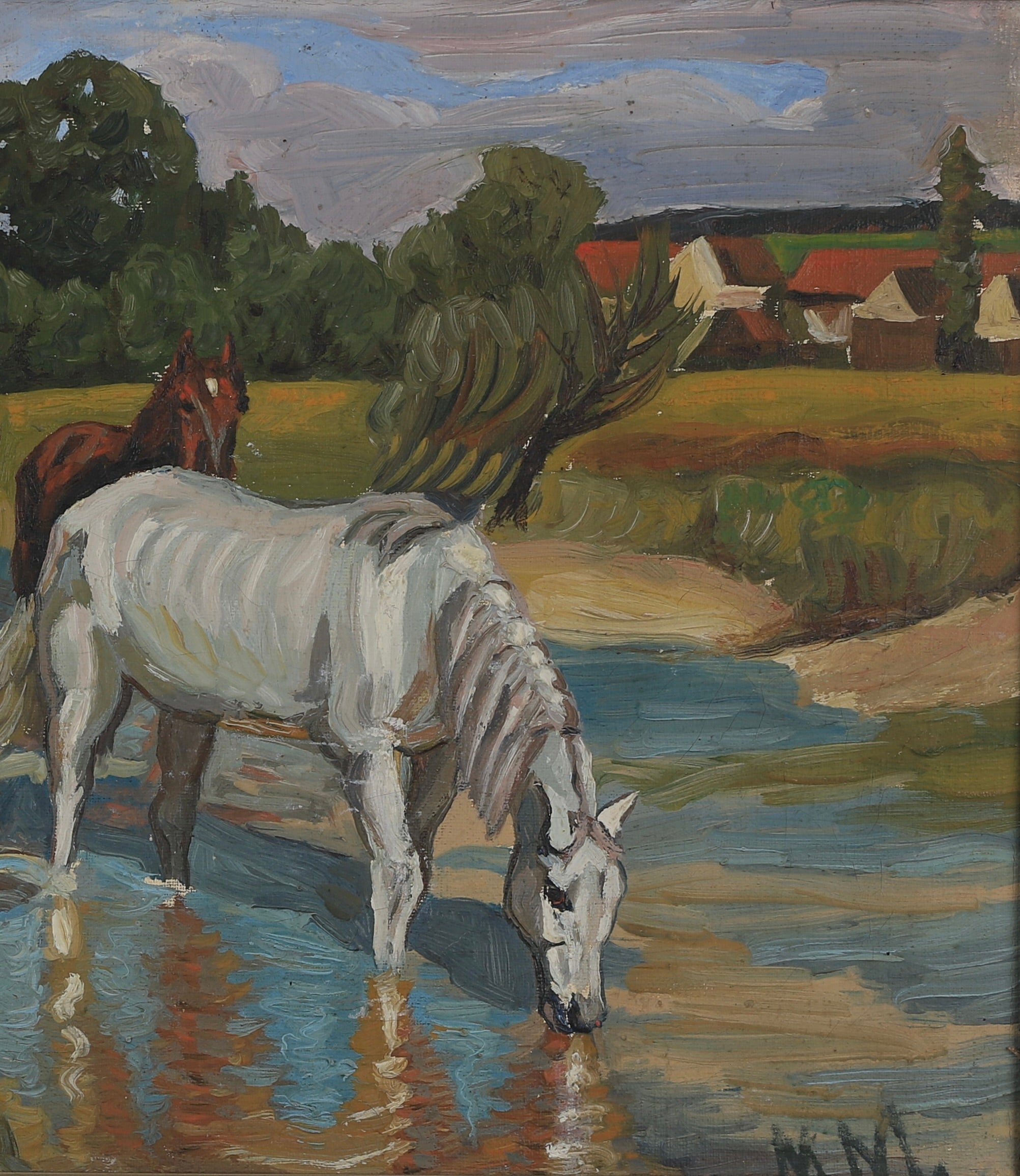 Vintage Art Original Oil Painting of Horses From Sweden
