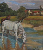 Vintage Art Original Oil Painting of Horses From Sweden