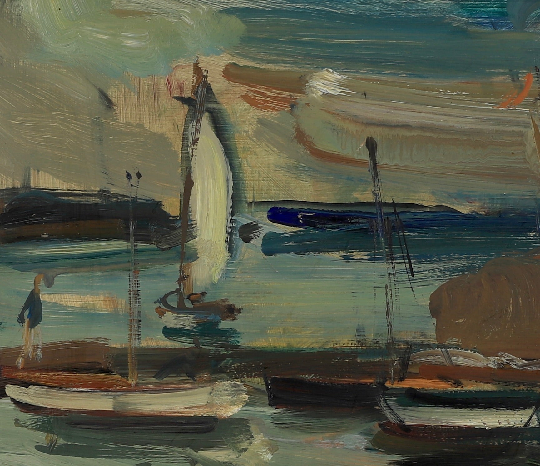 Original Vintage Art Oil Painting Of Harbor From Sweden 1949