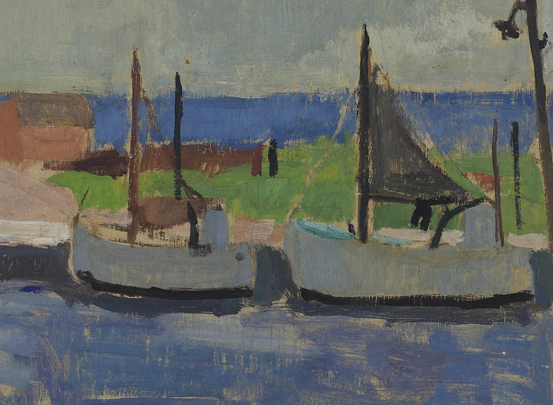 Mid Century Original Harbor Oil Painting From Sweden 1952