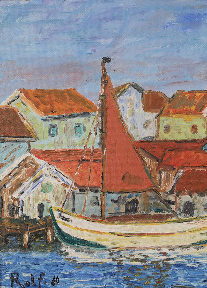 Mid Century Original Harbor Oil Painting From Sweden 1960